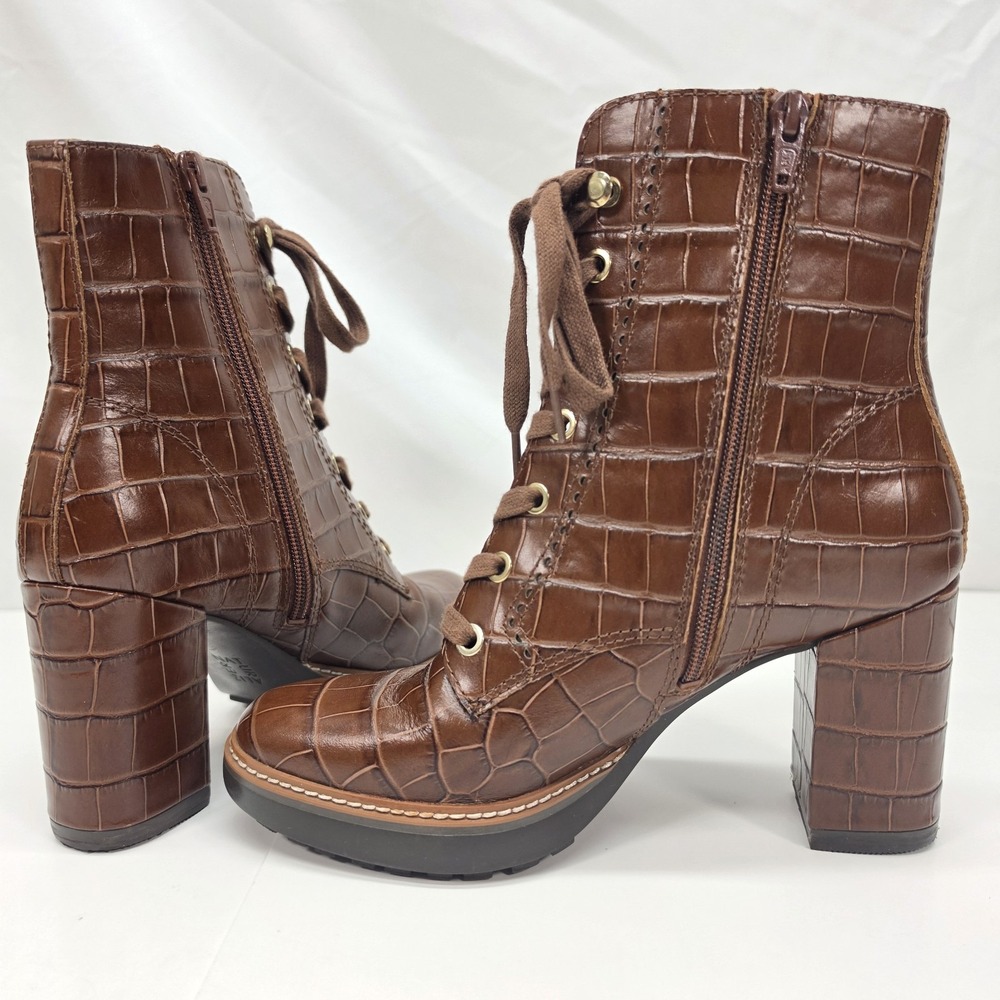 Naturalizer Womens 7.5 Brown Croc Embossed Leather Lace Up Ankle Boots Block Hee - Picture 7 of 16